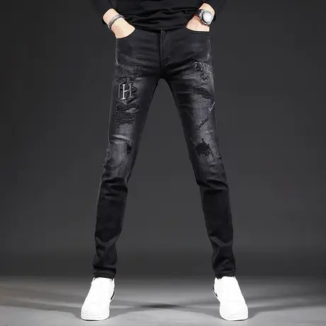 潮牌刺绣牛仔裤男破洞修身小脚黑色秋季2023新款男士裤子绣花潮流商品大图