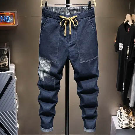 日系潮牌牛仔裤男宽松直筒男士休闲百搭松紧腰系带长裤子男夏薄款商品大图