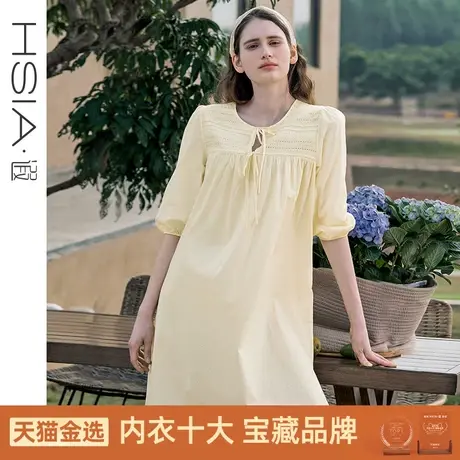 HSIA遐睡裙女夏季七分袖宽松睡衣田园小憩刺绣花边棉质透气家居裙商品大图