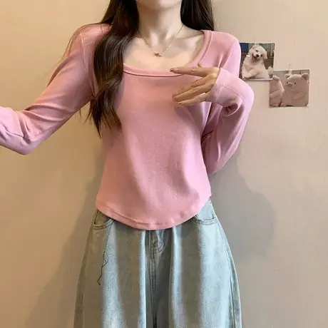 春秋季大码女装胖妹妹薄款长袖T恤女气质内搭打底衫时髦上衣200斤商品大图