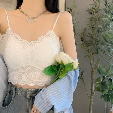 辣妹蕾丝花边吊带背心女夏季纯欲修身无袖打底衫内搭短款上衣外穿商品大图