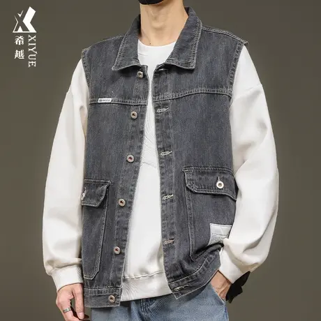 希越复古水洗牛仔马甲男2024春季款宽松大码潮流男士百搭无袖外套商品大图