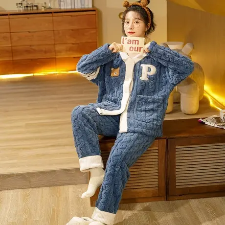 睡衣女冬季珊瑚绒日系家居服加绒加厚女事日式和服套装法兰绒秋冬图片