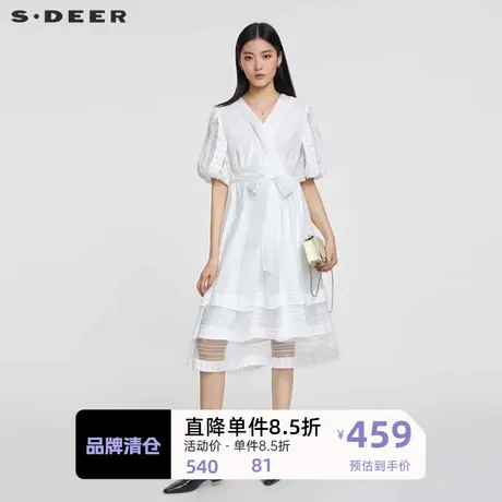 sdeer圣迪奥女装V领收腰网纱泡泡袖连衣裙S232Z1205图片