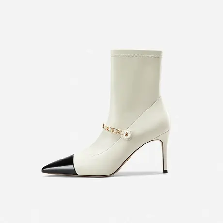 Nine West/玖熙2022年秋冬新款靴子女短靴时尚拼色珍珠饰扣时装靴图片