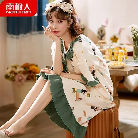 睡裙女夏季纯棉短袖薄款女士孕妇夏天大码性感荷叶边睡衣女款夏款商品大图