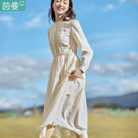 茵曼官方旗舰店女装2023年新款长袖春秋季连衣裙纯棉收腰长裙气质图片