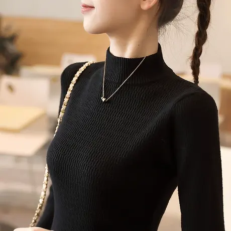 加厚半高领毛衣打底衫女秋冬新款黑色内搭上衣长袖修身紧身针织衫商品大图