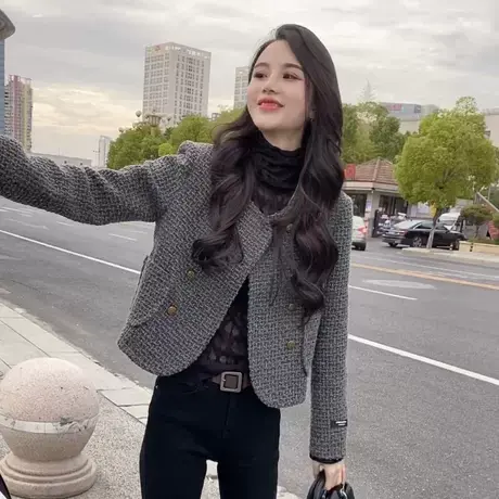 小香风名媛法式短款外套女秋冬气质高级感双排扣编织毛呢夹克上衣商品大图