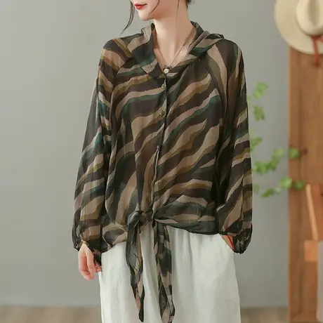 dza 复古条纹连帽衬衫女2023夏薄款防晒衬衣休闲宽松外搭开衫上衣图片