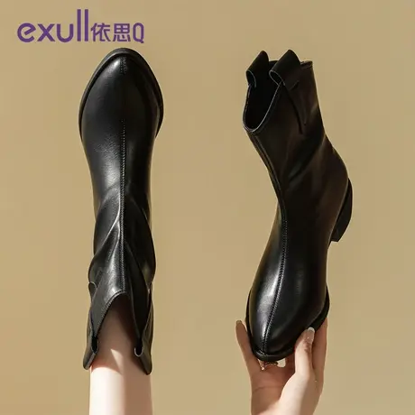 exull/依思Q粗跟短靴女2023新款秋冬简约风加绒软皮显瘦女时装靴图片