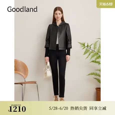 Goodland美地秋季飒爽羊皮短款皮衣连帽小外套图片