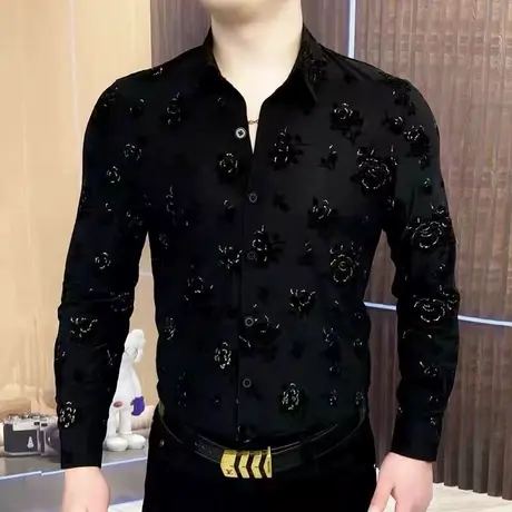 高端轻商务休闲衬衣男士春秋季时尚痞帅植绒提花黑金玫瑰长袖衬衫商品大图
