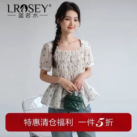 蓝若水大码女装打揽方领碎花雪纺衫2025夏装新款胖MM短款收腰上衣商品大图