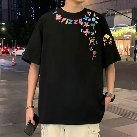 短袖T恤男夏季2025新款重磅纯棉宽松上衣大码潮牌透气半袖体恤衫商品大图