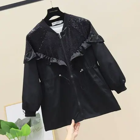欧洲站重工亮片外套女春秋2023新款宽松抽绳收腰短款风衣休闲上衣图片
