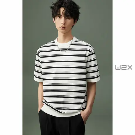 w2x夏季重磅条纹短袖T恤男下摆收口设计感体恤日系百搭休闲半袖潮商品大图