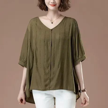 雪纺衫女短袖夏季加肥加大码女装宽松中年妈妈中长款烫钻显瘦上衣商品大图