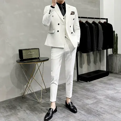 新郎结婚西装男高档白色宴会礼服套装修身外套双排扣西服三件套潮图片