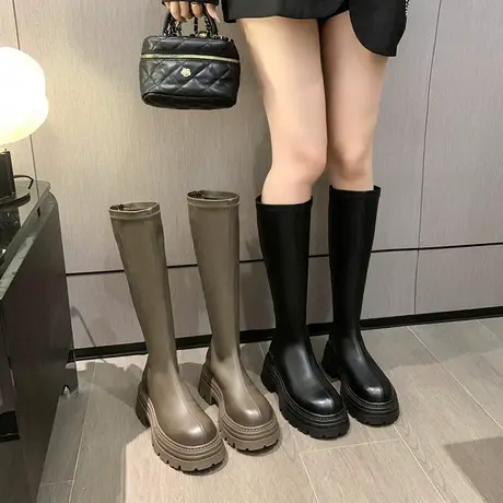 长筒靴女防滑厚底骑士靴2023年新款春秋季超火显瘦增高潮流高筒靴图片