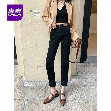 唐狮高腰拼接烟管牛仔裤女新款2025秋季水泥灰显瘦直筒九分裤AX商品大图