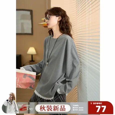 8.15/20点 上新唐狮2025秋新款长袖T恤女韩系拼接蕾丝花边针织T恤商品大图