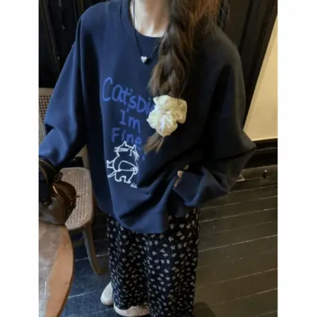 2025早秋新款惬意猫猫藏蓝色卫衣女韩系宽松慵懒风休闲百搭上衣潮图片