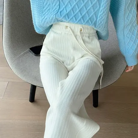 仿羊绒雪尼尔阔腿裤女秋冬加厚新款高腰宽松垂感拖地直筒休闲裤子商品大图