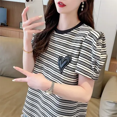 设计感小众泡泡袖短袖t恤女夏季韩版宽松大码女装条纹正肩上衣服商品大图