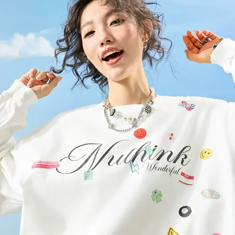Nuthink美式卡通贴纸字母印花长袖T恤潮牌宽松情侣男女2025秋新款商品大图