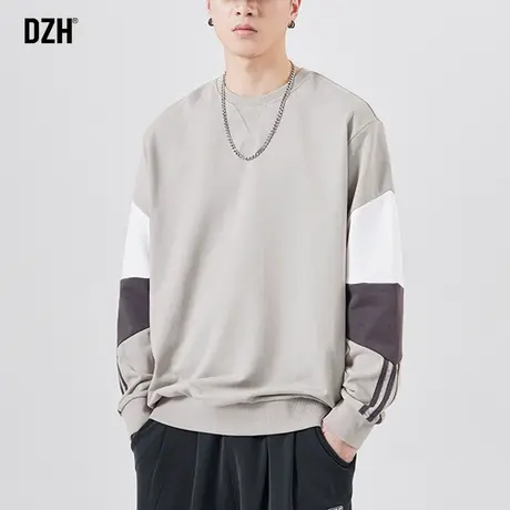 男士灰色卫衣男春秋季圆领潮流百搭拼接上衣大码情侣2023新款衣服商品大图