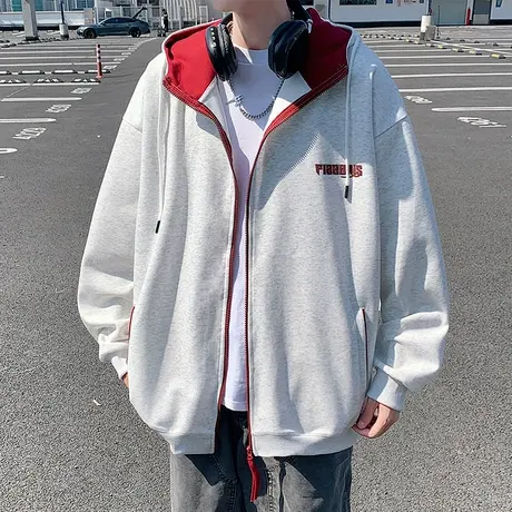 美式休闲开衫卫衣男春秋季新款复古发泡印花长袖连帽外套潮流上衣商品大图