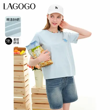 LAGOGO浅蓝色宽松短袖T恤女拉谷谷夏季新款经典圆领印花休闲上衣商品大图