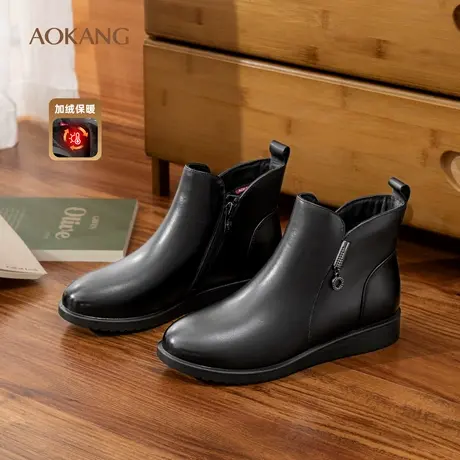 奥康女鞋 冬季舒适防滑加绒时装中筒短靴真皮保暖妈妈鞋图片