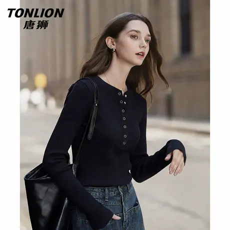 唐狮官方修身长袖t恤女2026新款春季亨利衫开领打底衫黑色上衣VC图片