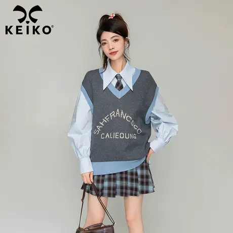 KEIKO 美式学姐V领针织衫毛衣马甲女2023秋季外搭叠穿无袖小背心商品大图