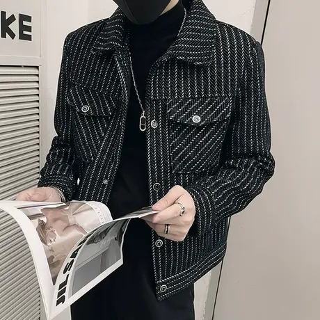 毛呢翻领夹克男秋冬潮牌新款ins轻熟小众设计感条纹短款呢子外套图片