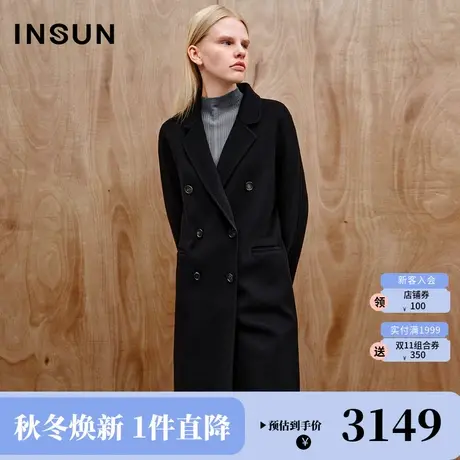 [高支羊毛]恩裳2023冬装新款茧形羊毛羊绒大衣连肩袖黑色毛呢外套商品大图