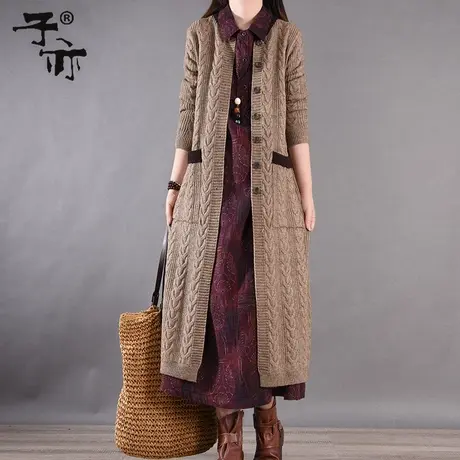 子亦2023冬装新款中长款休闲大口袋宽松纯色长袖针织开衫毛衣外套图片