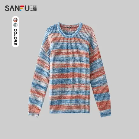 三福2023冬男士不规则渐变条纹毛衣 时尚宽松圆领上衣男477946商品大图