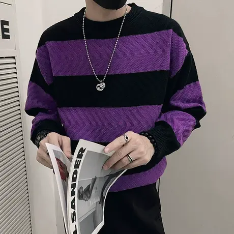 轻熟风毛衣男秋冬2023个性潮牌休闲条纹撞色肌理感毛线针织衫上衣商品大图