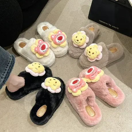 可爱草莓熊毛毛拖鞋女外穿2023年秋冬新款厚底毛茸茸居家包头棉拖图片
