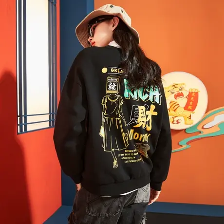 唐狮国潮圆领卫衣女chic港风春秋新款卫衣白色设计小众潮ins图片