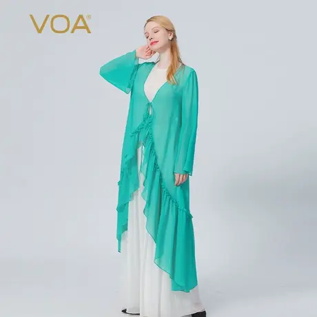 VOA真丝乔其纱长袖水蓝色系带木耳边塔克褶裙摆中长款桑蚕丝外套图片