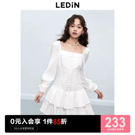 乐町甜美方领花边连衣裙女2023年新品高级感蕾丝衬衫裙双层蛋糕裙商品大图