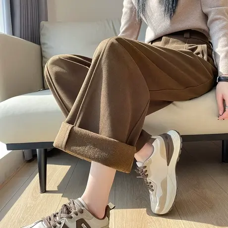 毛呢阔腿西装裤女2024新款加绒高腰直筒垂感宽松显瘦休闲拖地裤子商品大图