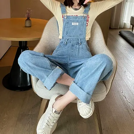 盐系复古牛仔背带裤女春秋新款减龄显瘦街头宽松直筒阔腿拖地裤子商品大图