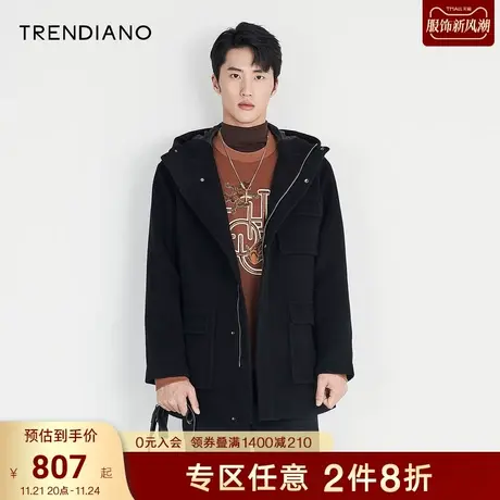 TRENDIANO官方潮牌秋季男装黑色毛呢大衣中长款高级感男士外套商品大图
