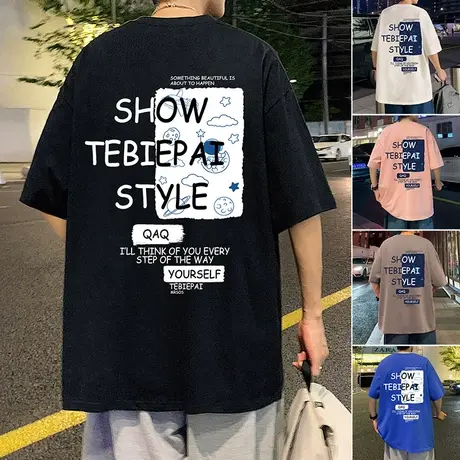 港风高街纯棉短袖t恤男夏季ins潮流黑色上衣重磅半袖美式宽松体恤商品大图