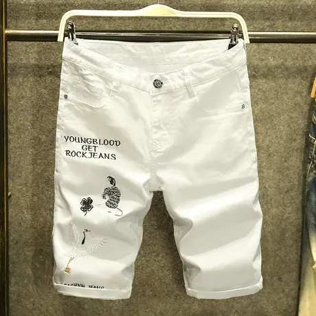 夏款白色国潮刺绣牛仔短裤男宽松潮流百搭五分裤子韩版弹力中裤薄商品大图